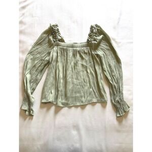 Blu Pepper Sage Green Crinkle Ruffle Puff Sleeve Blouse Square Neck CR1928 Med